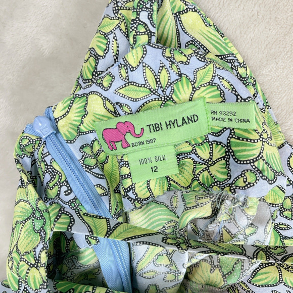 Tibi Hyland Womens Dress Size 12 Green Sheath Knee Length Sleeveless Silk Tropic - Picture 6 of 12